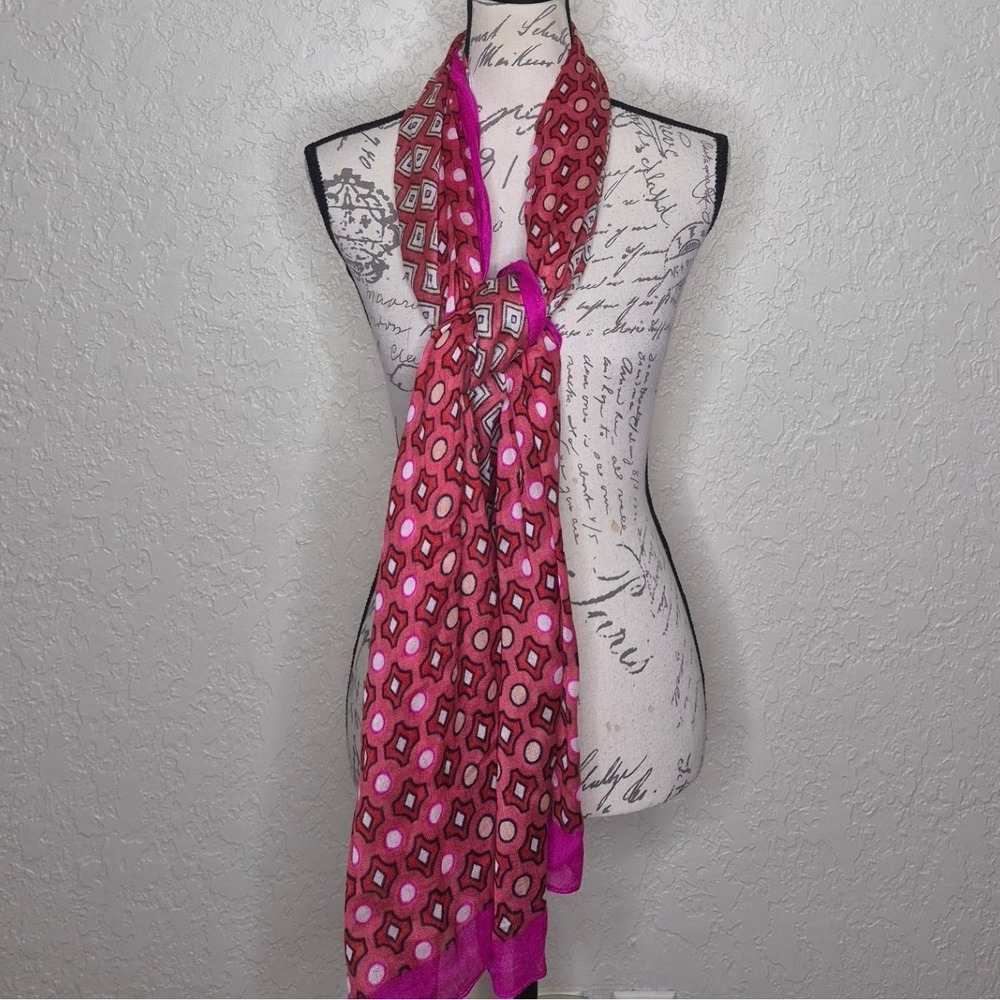 Pink Red Geometric Print Lightweight Oblong Scarf Sheer Magenta Border